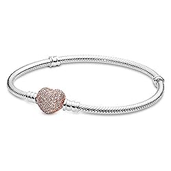 PANDORA Jewelry Moments Sparkling Heart Clasp Snake Chain Charm Cubic Zirconia Bracelet clear